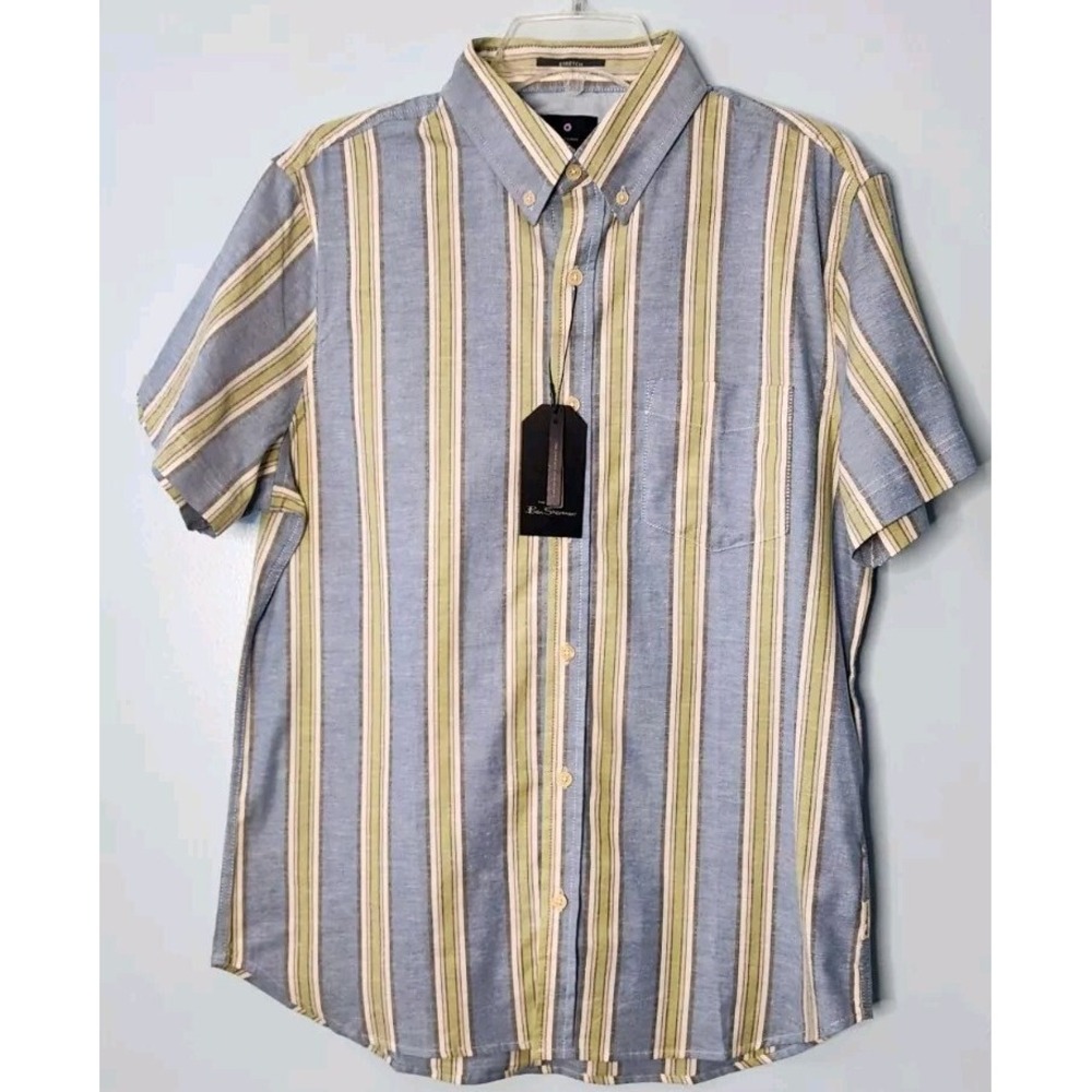 Ben Sherman Shirt Size Medium S/S‎ Blue W/Green Tan Stripes Button On Sleeve $89